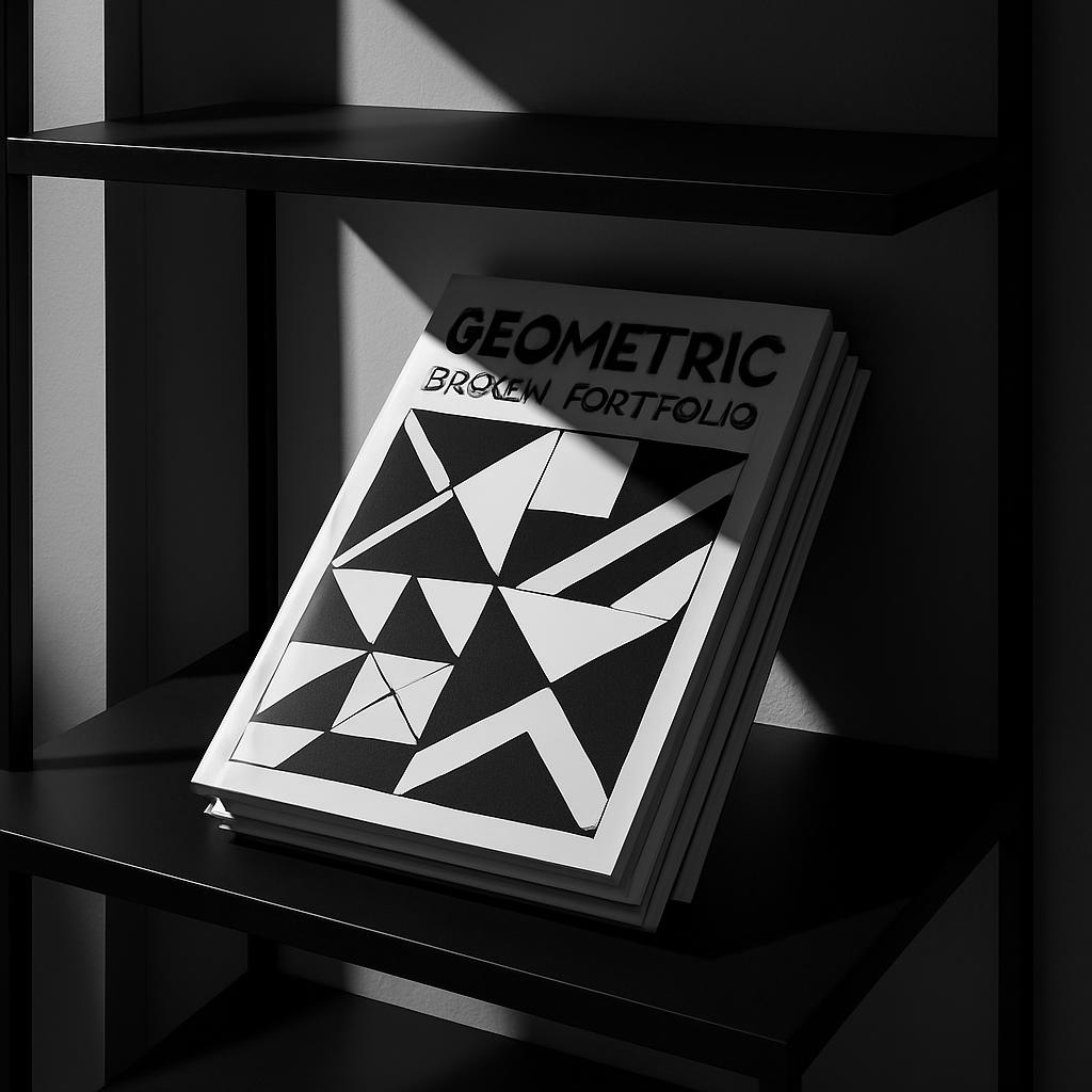 This monochromatic image features a geometric portfolio prominently displayed on a black shelf in front of a white wall, c...